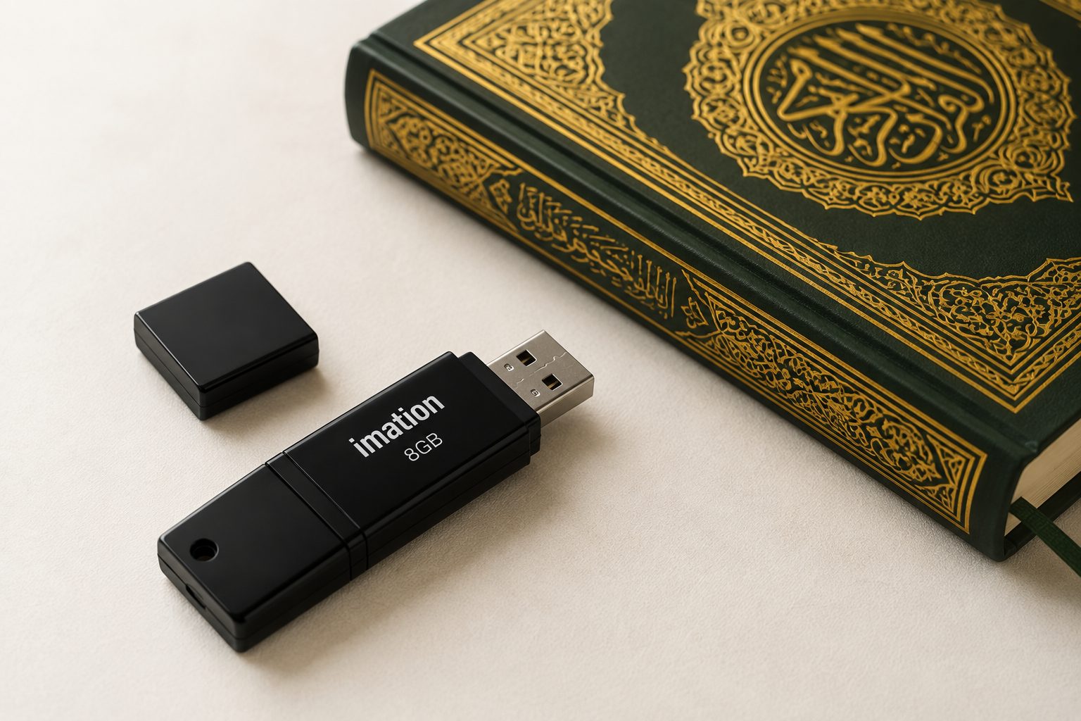Clé USB noire avec son capuchon et un Coran ouvert à côté