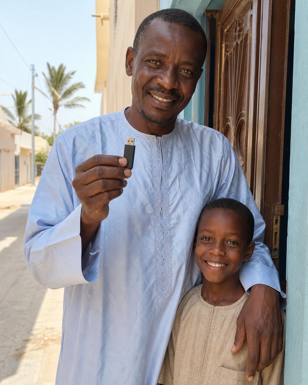 Père et enfant sénégalais heureux avec leur clé USB Coran ALINEA 221