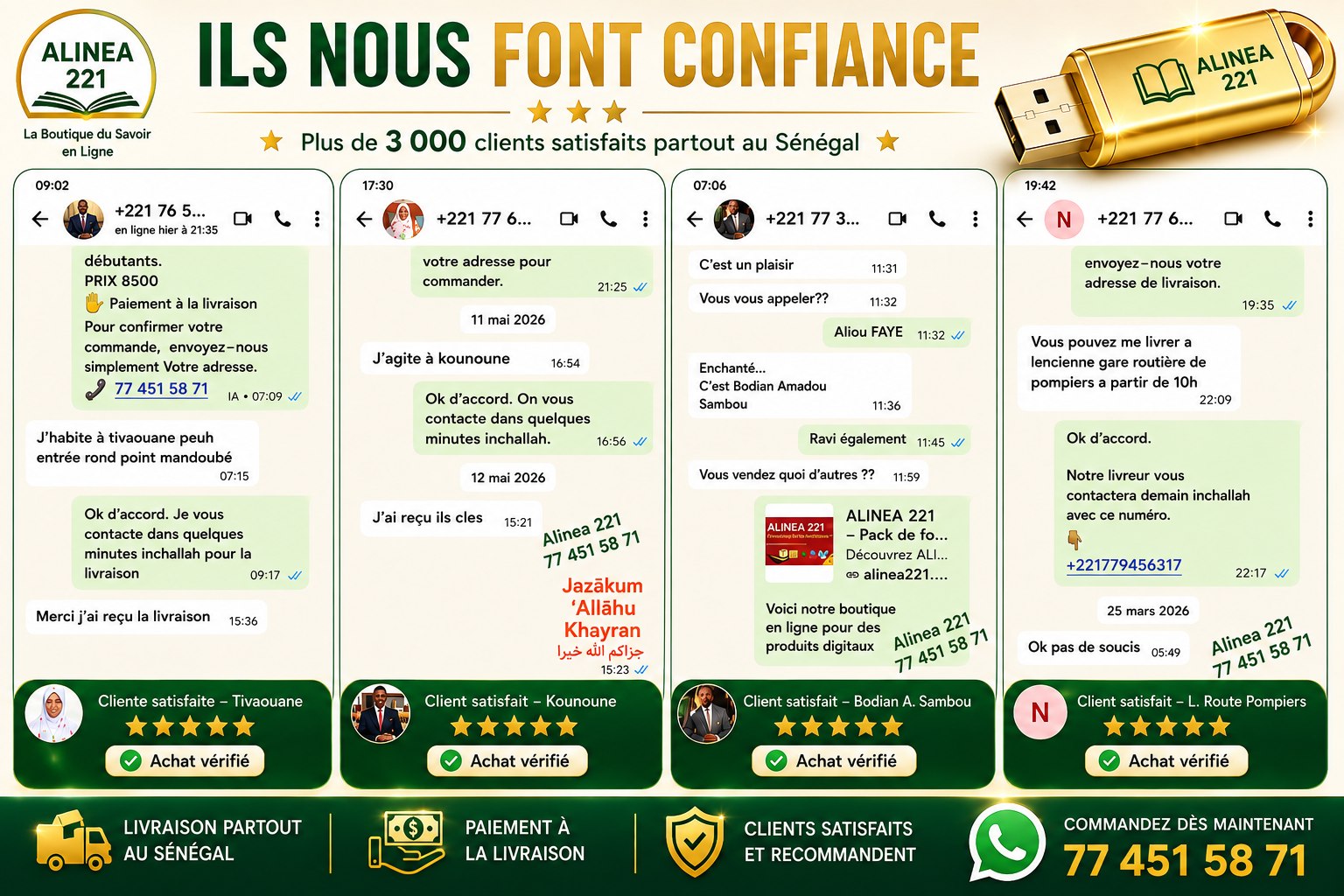Affiche de messages WhatsApp de clients satisfaits ALINEA 221