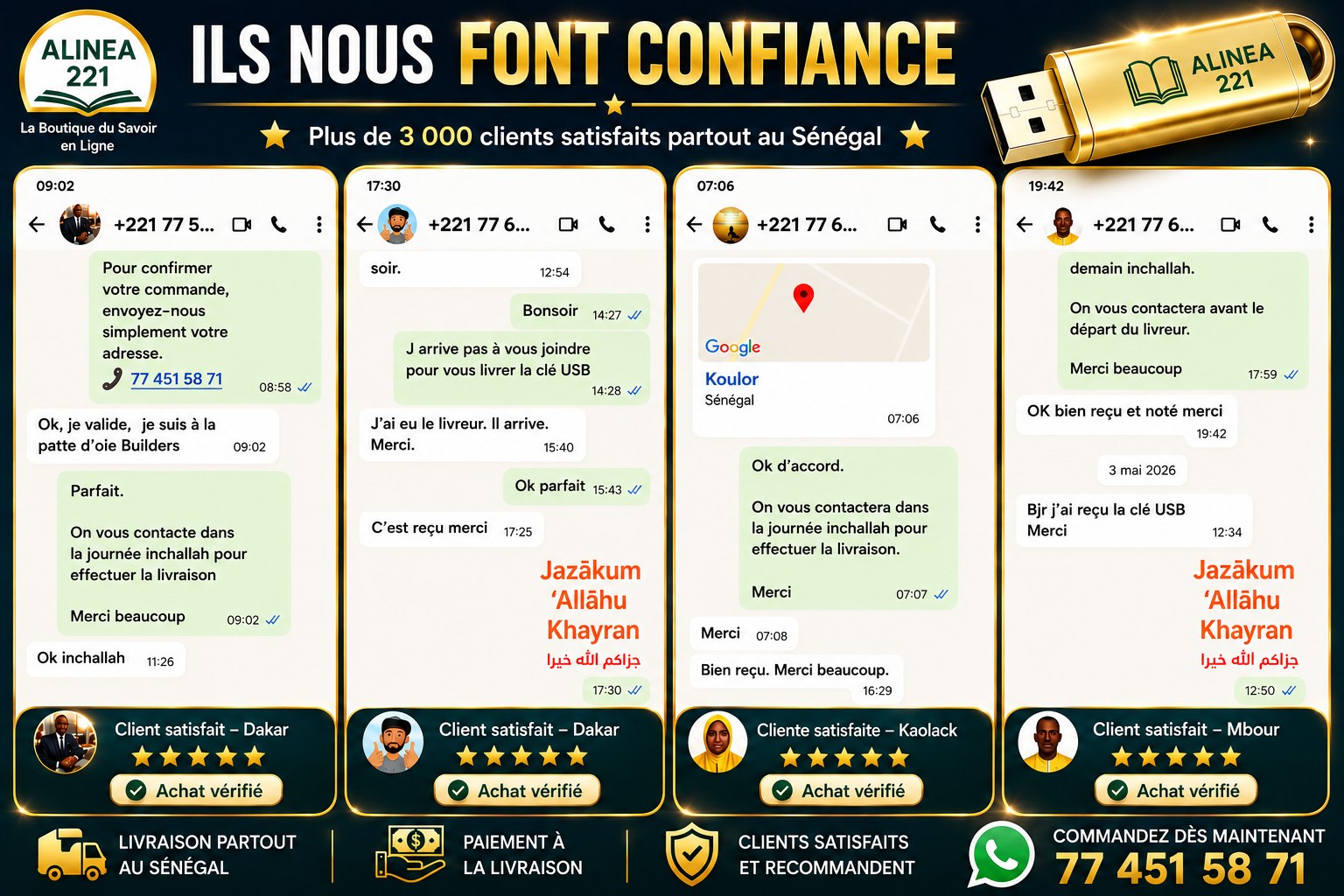 Affiche de conversations WhatsApp de livraisons confirmées ALINEA 221