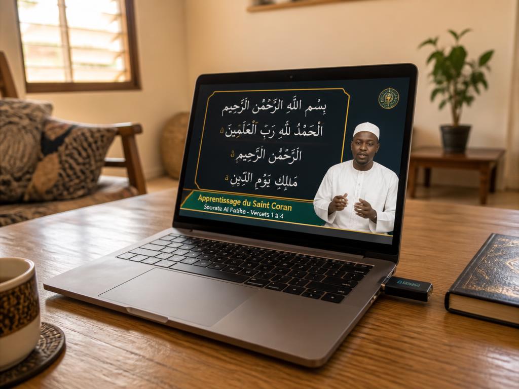 Clé USB branchée sur un ordinateur affichant une leçon vidéo du Coran