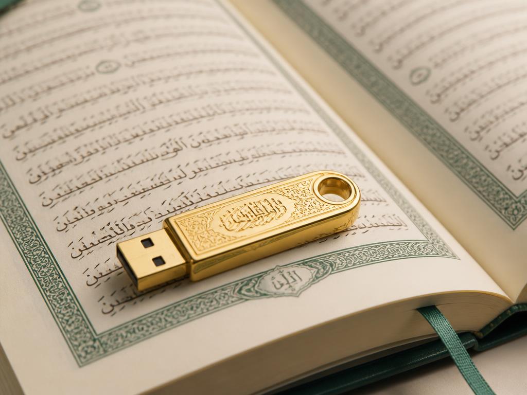 Clé USB dorée posée sur un Coran ouvert